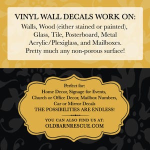 Op de afbeelding: Een gele en zwarte grafiek met de tekst "VINYL WALL DECALS WORK ON:" gevolgd door een lijst van oppervlakken waarop de stickers kunnen worden aangebracht. De tekst "Perfect for:" wordt gevolgd door een lijst van toepassingen voor de stickers. De tekst "YOU CAN ALSO FIND US AT: OLD BARNRESCUE.COM" bevindt zich onderaan de grafiek.