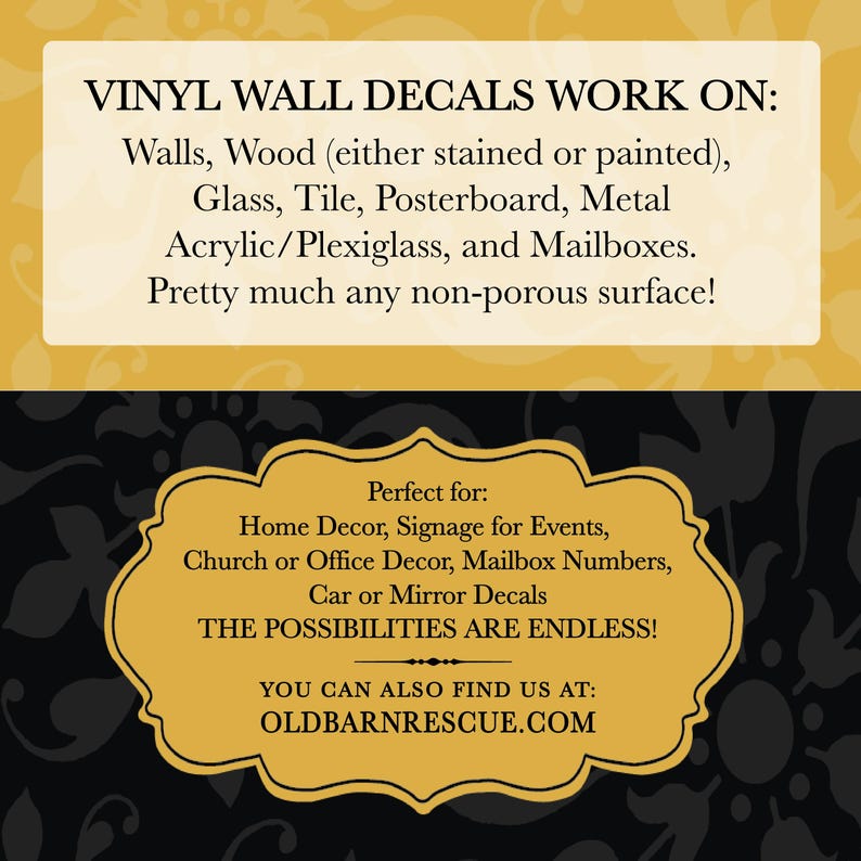 Op de afbeelding: Een gele en zwarte grafiek met de tekst "VINYL WALL DECALS WORK ON:" gevolgd door een lijst van oppervlakken waarop de stickers kunnen worden aangebracht. De tekst "Perfect for:" wordt gevolgd door een lijst van toepassingen voor de stickers. De tekst "YOU CAN ALSO FIND US AT: OLD BARNRESCUE.COM" bevindt zich onderaan de grafiek.