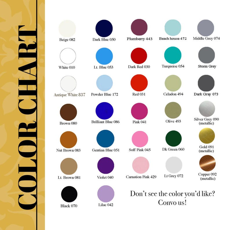 May include: Color chart with 36 different paint colors, including beige, white, brown, black, blue, red, pink, green, grey, and metallic colors. Each color is labeled with a name and a number.