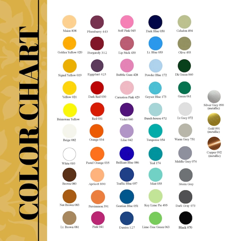Op de afbeelding: Kleurenkaart met 36 verschillende verfkleuren, elke kleur wordt weergegeven door een cirkel met de kleurnaam en het nummer eronder. De kleuren omvatten tinten van rood, oranje, geel, groen, blauw, paars, roze, bruin, grijs en wit.