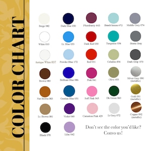 K&ouml;nnte beinhalten: Farbkarte mit 36 verschiedenen Farben, darunter Beige, Wei&szlig;, Braun, Schwarz, Blau, Rot, Rosa, Gr&uuml;n, Grau und Metallic-Farben. Jede Farbe ist mit einem Namen und einer Nummer gekennzeichnet.