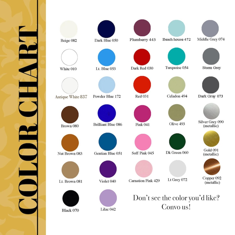 K&ouml;nnte beinhalten: Farbkarte mit 36 verschiedenen Farben, darunter Beige, Wei&szlig;, Braun, Schwarz, Blau, Rot, Rosa, Gr&uuml;n, Grau und Metallic-Farben. Jede Farbe ist mit einem Namen und einer Nummer gekennzeichnet.