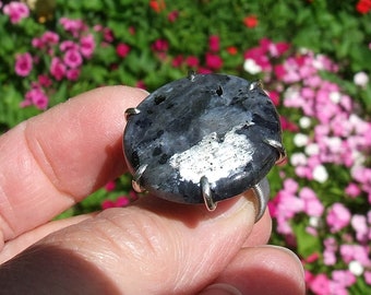 Larvikite Ring size 8, Large Black Moonstone set in Silver