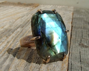 Labradorite Ring, Bronze size 8, Blue and gold faceted stone