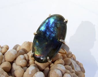 Labradorite Ring, large stone statement ring, oval cabochon, prong set gold, natural blue stone