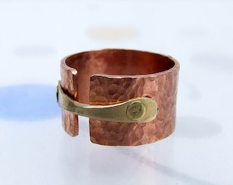 Wide Band Hammered Copper Ring, Mixed metal size 11.5