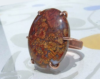 Plume Agate Ring, red and gold, copper size 10, Bloody Basin