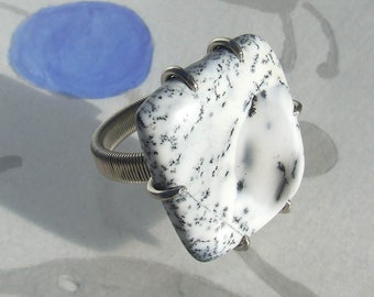 White Dendritic Opal Ring, silver size 9