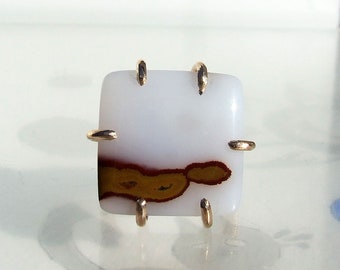 Polka Dot Agate Ring, Bronze size 7, square translucent white stone in unique prong setting