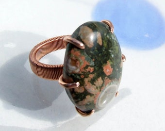 Rainforest Jasper Ring, Copper size 6, Green and pink stone with unusual orb