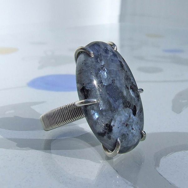 Larvikite Ring, Silver size 7, Large Black Moonstone