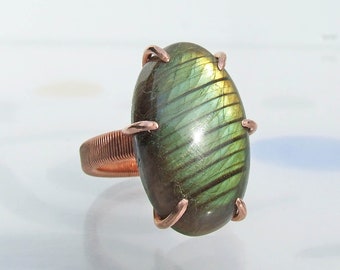 Labradorite Ring, Large Green Gold Oval set in Copper, Size 11