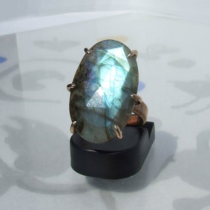 Blue Labradorite Ring, Bronze Size 7, Large Rose cut oval