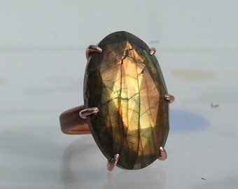 Copper Labradorite Ring, Large faceted oval, Size 9