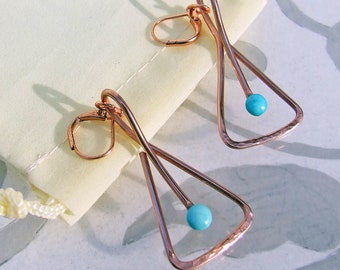 Sleeping Beauty Turquoise Copper Earrings, Hand forged triangle shaped, MCM inspired