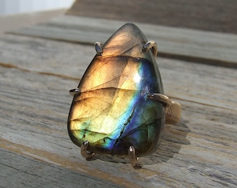 Labradorite Ring Bronze size 7, Gold Blue Purple Pear shape