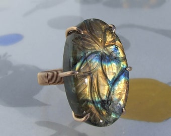 Carved Labradorite Ring, bronze size 10