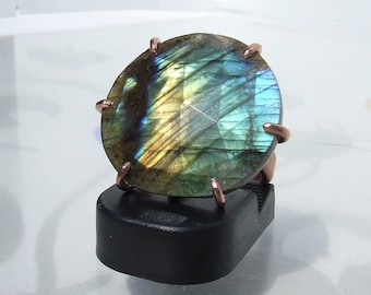 Labradorite Ring, Copper size 9, Large round faceted stone in blue green and gold