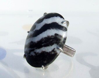 Zebra Jasper Ring, Silver size 8, large black and white stone