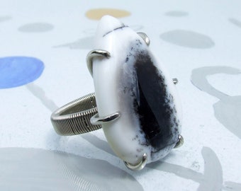 White Opal Ring, Dendritic Opal Ring, Silver size 7