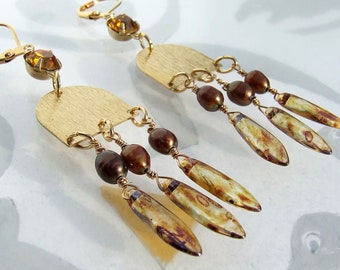 Light Topaz Crystal and Bronze Freshwater Pearl Dangle Earrings