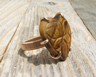 Tiger Eye Ring, Bronze, Carved heart shaped stone, size 9