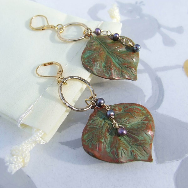 Peacock Pearl Earrings, Large aged brass leaves with green patina with natural pearl accent