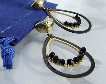 Gold and Black Spinel Earrings, large pear shaped beaded dangles