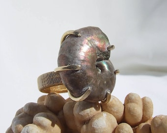 Ammonite Ring, Fossil Ring, iridescent nautilus, raw stone, shell jewelry