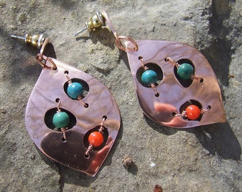 Modern Copper Dangle Earrings, Mid Century Inspired Abstract Flame Shaped with beads, color options