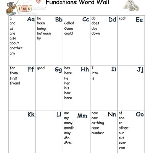 May include: An educational chart labelled "Fundations Word Wall" with words arranged alphabetically. The chart features words such as "a", "and", "the", and "is". Cartoon illustrations of an owl and other images are in the corners.
