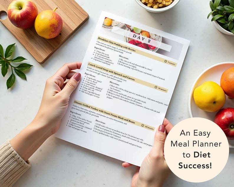 Meal plan for Hashimoto's printable PDF showing daily meal structure snack ideas and anti-inflammatory food choices