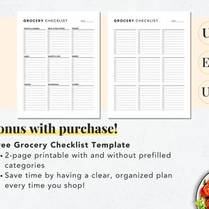 Puede incluir: Una plantilla de lista de la compra imprimible con dos p&aacute;ginas. La primera p&aacute;gina tiene categor&iacute;as para frutas y verduras, carne y mariscos, l&aacute;cteos, panader&iacute;a y charcuter&iacute;a, bebidas, despensa, hogar y otros. La segunda p&aacute;gina est&aacute; en blanco. El texto "&iexcl;Bono con la compra! Plantilla de lista de la compra gratuita" est&aacute; en la parte inferior de la imagen.