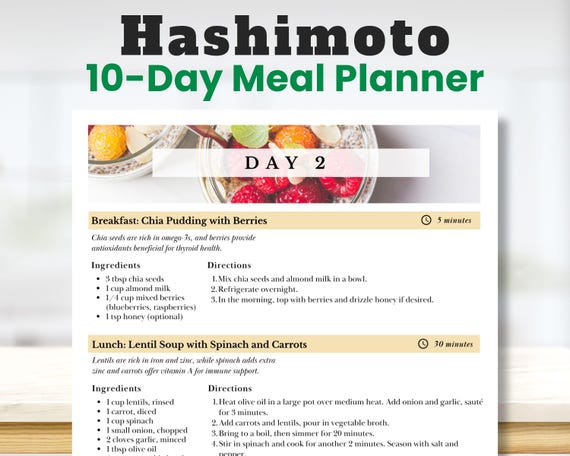 Hashimoto Meal Plan, 10-Day Printable PDF Meal Planner for Hashimoto's Diet, Thyroid Meal Plan with Snack Ideas, Hashimoto's Thyroiditis