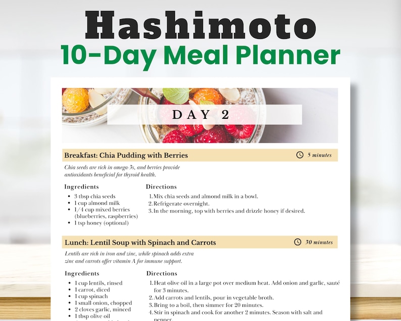 Hashimoto meal plan printable 10-day PDF planner with daily meals and snacks for Hashimoto's diet management