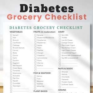 Diabetes Grocery  Checklist | Best Foods for Diabetics | Diabetic Meal Plan | Diabetes Food List | Prediabetic Food Chart | Printable PDF