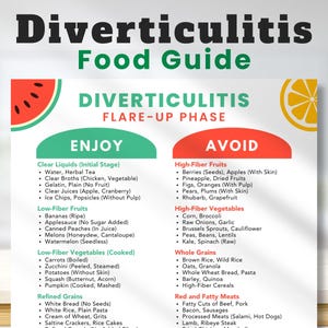 Voedsellijst diverticulitis | Te vermijden voedingsmiddelen bij diverticulitis | Maaltijdschema diverticulitis | Voedingsmiddelen om te eten met diverticulitis | Afdrukbare pdf