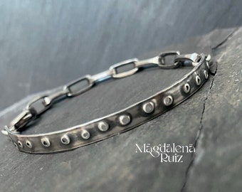 Pierced sterling bracelet, layering silver bracelet for men. Unisex brutalist aged silver jewellery
