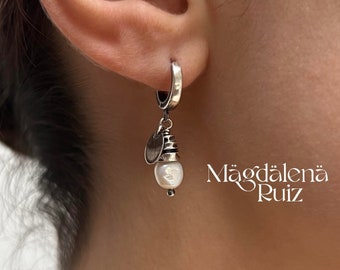 Pearl earrings with sterling silver hammered disks, Organic, rustic design.