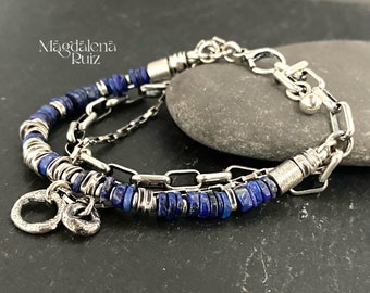 Lapis lazuli disk bead bracelet. Sterling silver gemstone bracelet. Gift for wife.