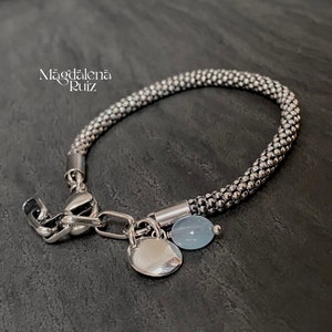 Thick popcorn chain bracelet with cast silver pebble and aquamarine stone nugget. image 2