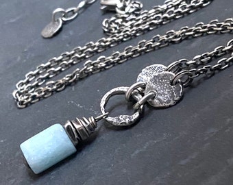 Delicate aquamarine and disk necklace. Sterling silver.