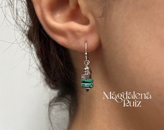 Everyday small, green turquoise earrings. Simple, minimalist, silver earrings.