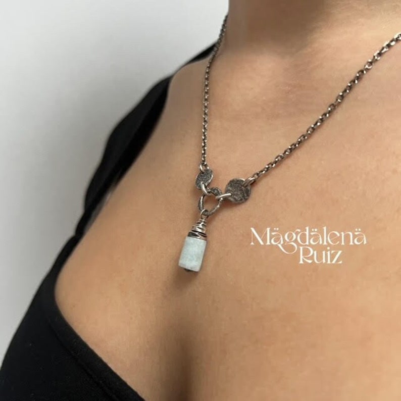 Delicate aquamarine and disk necklace. Sterling silver. image 2