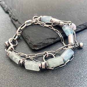 Natural aquamarine tubes and silver  925 bracelet. Gemstone bracelet.