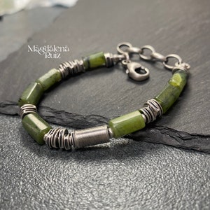 Natural olive green jade and oxidised silver bracelet. Organic, raw silver and tube jade beads. image 1