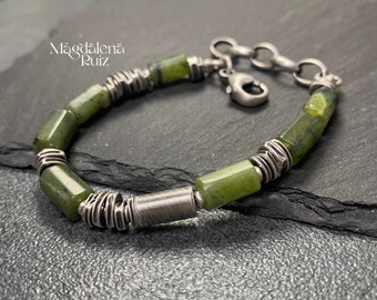 Natural olive green jade and oxidised silver bracelet. Organic, raw silver and tube jade beads.