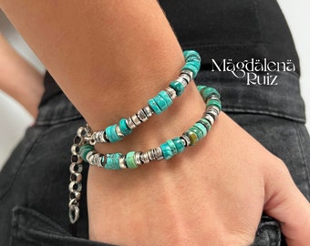 Raw silver and turquoise bracelet with silver tube beads and  hammered disks. Simple, everyday wear. Unisex