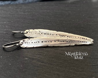 Long, rustic slimline leaves in sterling silver. Unique cast earrings. Botanical jewellery.