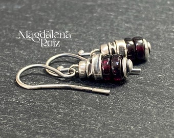 Dainty, rustic garnet earrings. Hammered silver earrings. Dark red, ruby jewelry.